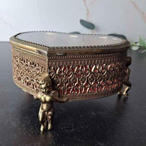 Vintage Brass Cherub Angel Heart Jewelry Box